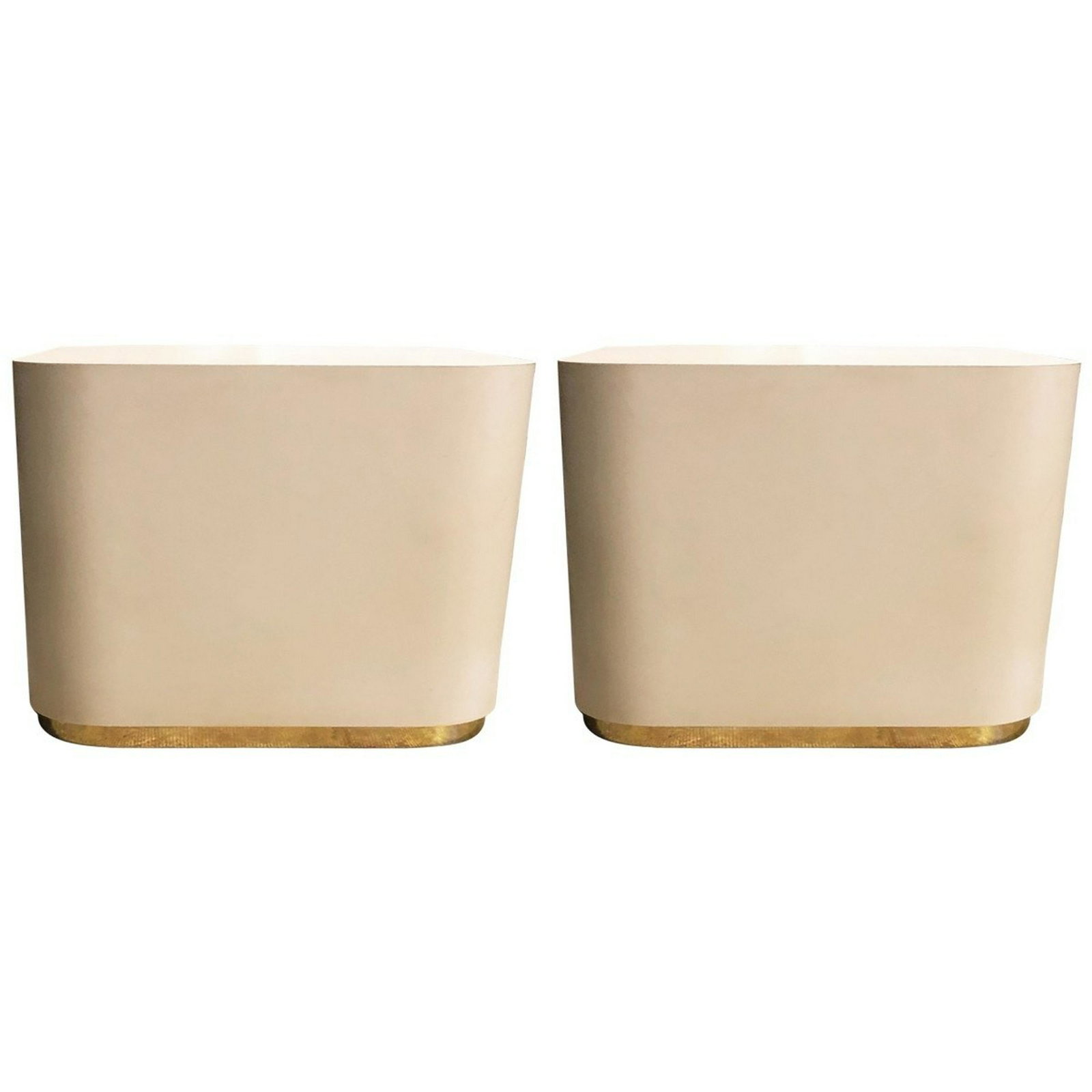 Large Square Side Tables Late-20th Century: Bring modern glamour with these creamy off-white laminate and particle board side tables. Rounded corners and a brass-finish metal base give the tables a clean look. Sold as a set of 2. MaterialsLamin