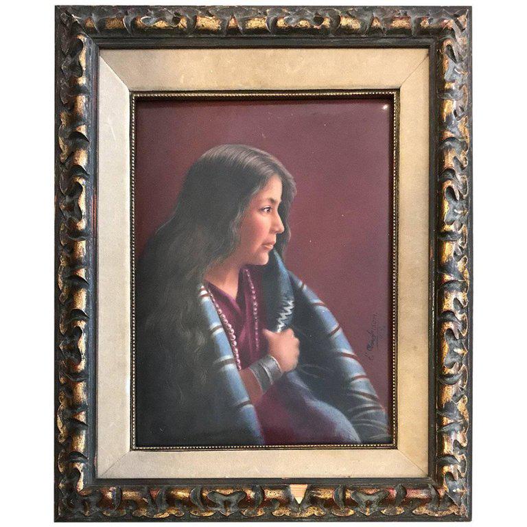 Native American Antique Handmade Porcelain Plaque of: Vintage design style when applied to furniture and home decor means the piece has the depth and soul of a previous era, colorful and rare, this eye-catching porcelain plaque depicts a portrait of a wo