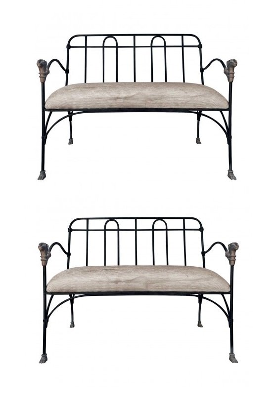 J-Art Iron Co Settees With Lion Heads: "Two painted iron settees with upholstered seats.Bronze lion head accented finials at arms, and paw feet.MaterialsIron, Bronze, FabricDimensionsWidth 39""Depth 22""Height 33.50""Arm Height 26.50""Seat
