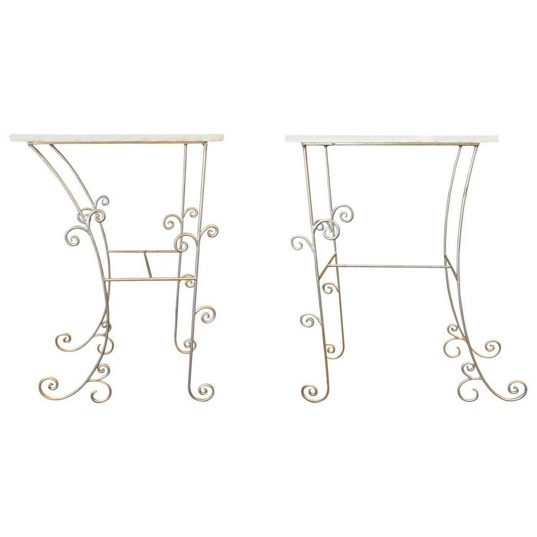 Pair of Italian Scrolling Onyx Top Console Tables: Removable onyx tops. Silvered brass bases. Brass, Onyx Dimensions Width 23" Depth 15" Height 37"