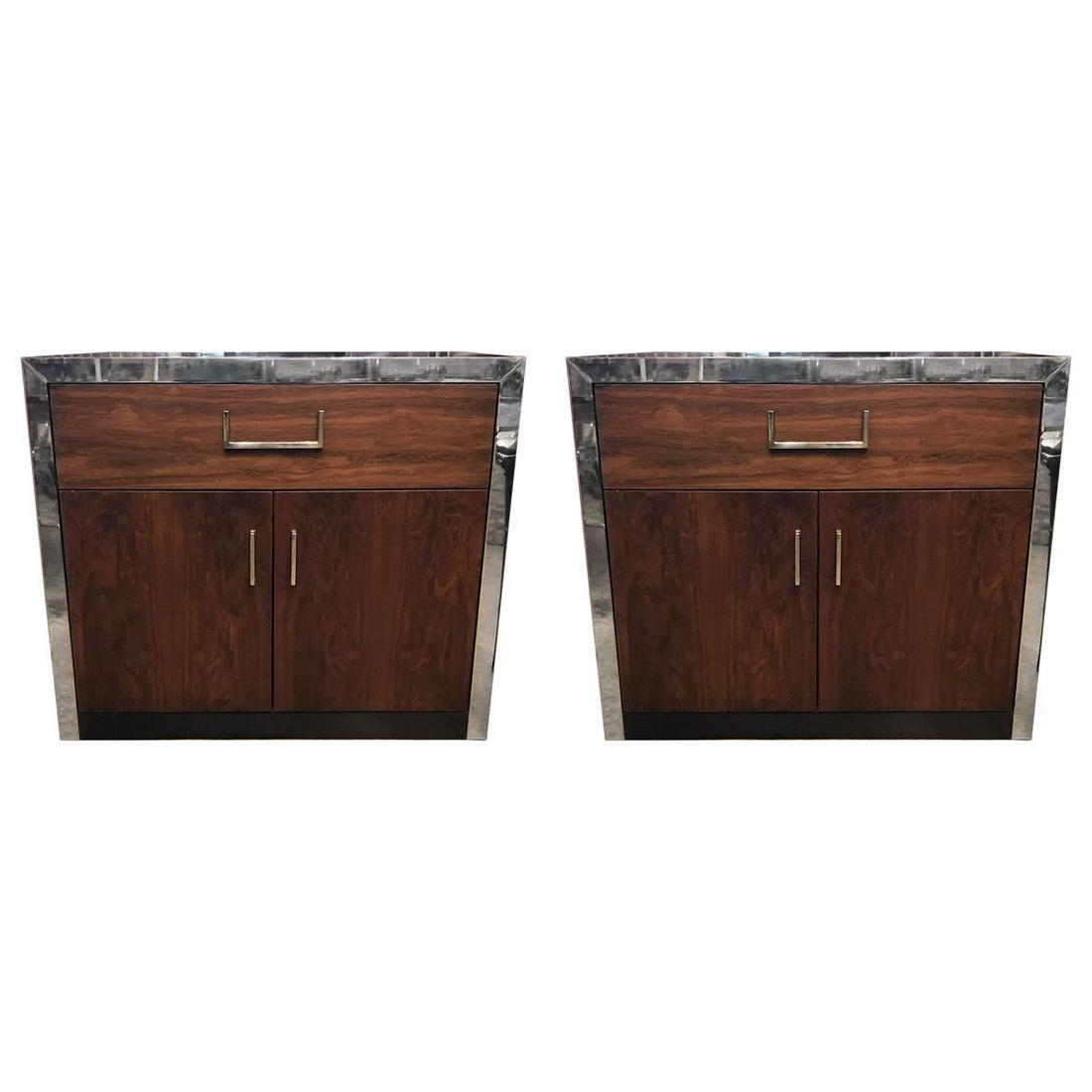 John Stuart Inc. Mid-Century Modern Lacquered And: Grand rAPIDS MICHIGAN Walnut-front doors and drawer. Chrome edge and pulls. Black lacquer top and sides. Sold as a set of 2. WIDTH 26.25" DEPTH 16.25" HEIGHT 22" Cabinet: Height 13" Drawer: Height 4"