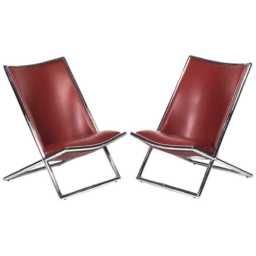 Pair of Ward Bennett Leather Scissor Chairs, Modern: Pair of leather scissor chairs by Ward Bennett for Geiger, 1980s. Pair of leather and chrome scissor Chairs in great condition. This pair offers great comfort with style. Condition: Excellent conditio