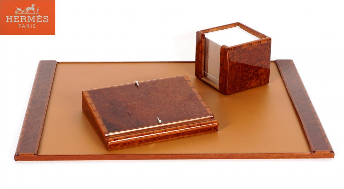 Authentic Hermes Three Piece Desk Set,Burl Wood: Authentic Hermes Three Piece Desk Set,Burl Wood 1) Note pad slanted writing desk with pen holder, 1.75" h. x 7.75" x 6.5". 2) Note pad holder, 4" h. x 4.25" x 4.25". 3) Desk blotter, 20.75" x 15".