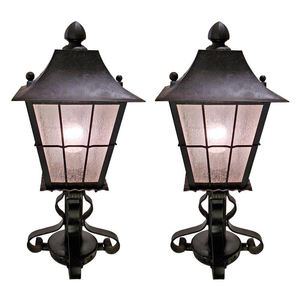 Pair of Italian Antique Iron and Glass Lanterns: Pair of Italian Antique Iron and Glass Lanterns