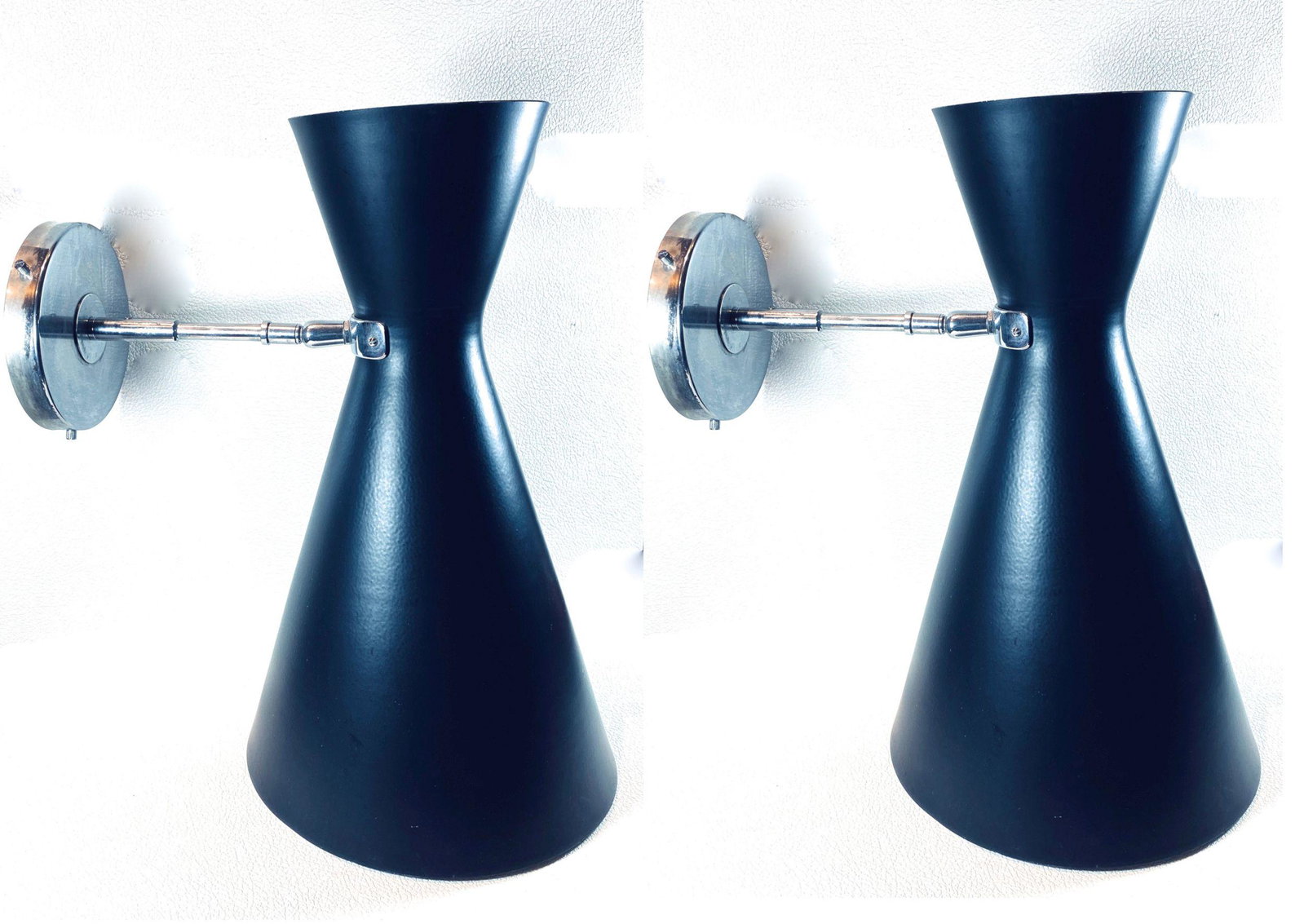 Pair of French 70's Modern Adjustable Sconces 14 inch: French 1970\'s Contemporary Modern Adjustable Sconces 14 high 9 inches adjustable width9 inches diameter largest opening 5 inches diameter smallest opening 11 inches deep adjustable height