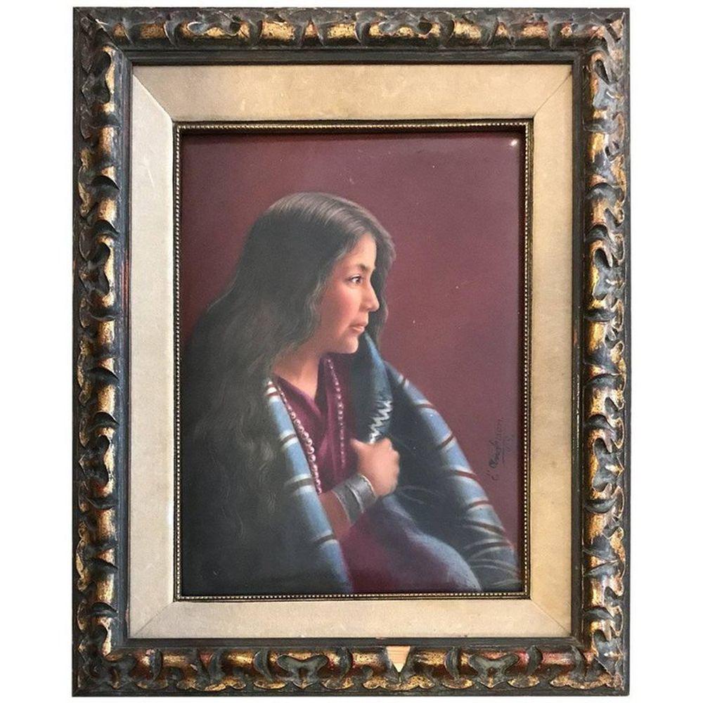 Native American Antique Handmade Porcelain Plaque of: Vintage design style when applied to furniture and home decor means the piece has the depth and soul of a previous era, colorful and rare, this eye-catching porcelain plaque depicts a portrait of a wo