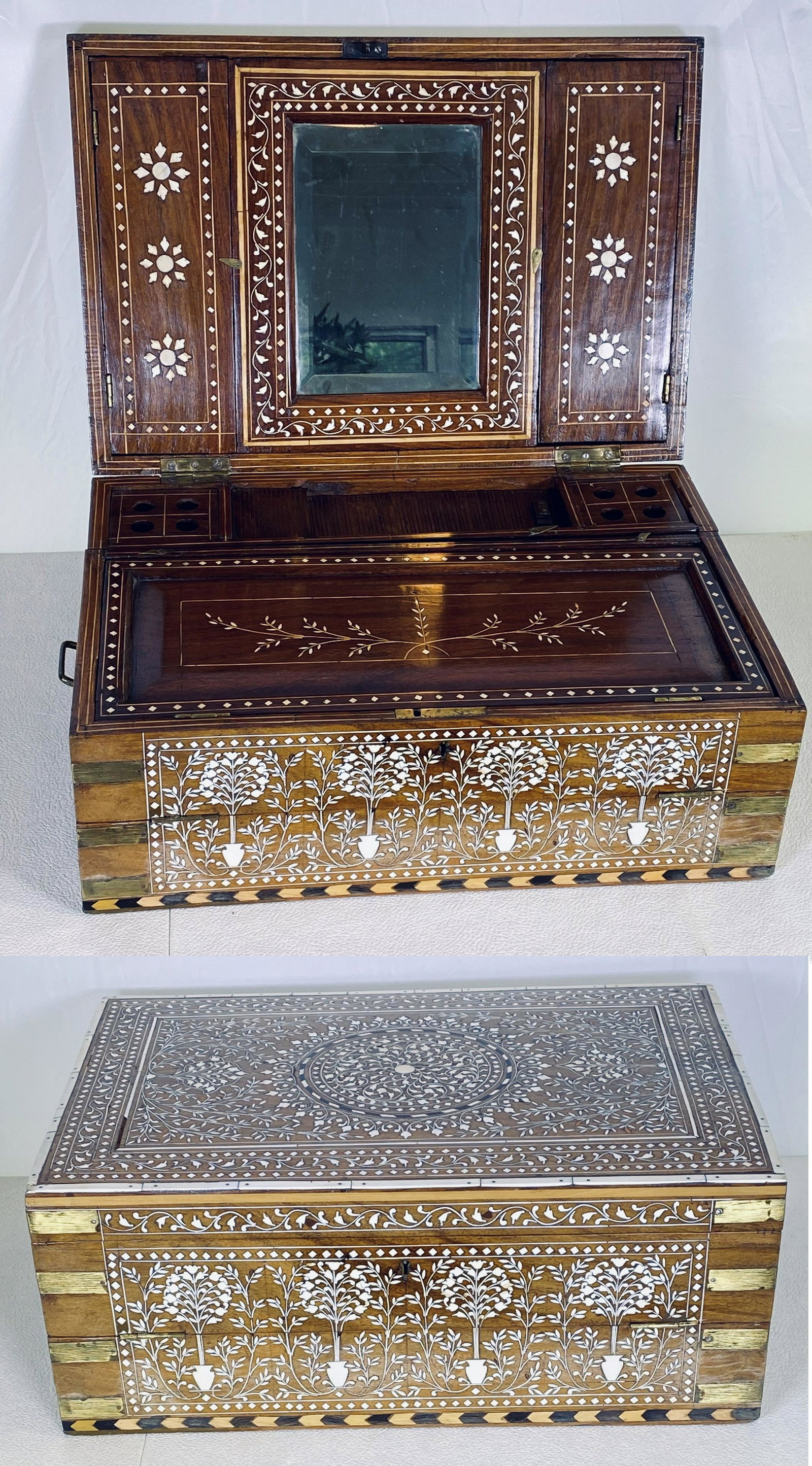 Antique Moroccan Inlay vanity / Jewelry Box: Antique Moroccan Inlay vanity / Jewelry Box Camel bone inlay with brass fittings Measures 18 xide x 12 deep x 7 high