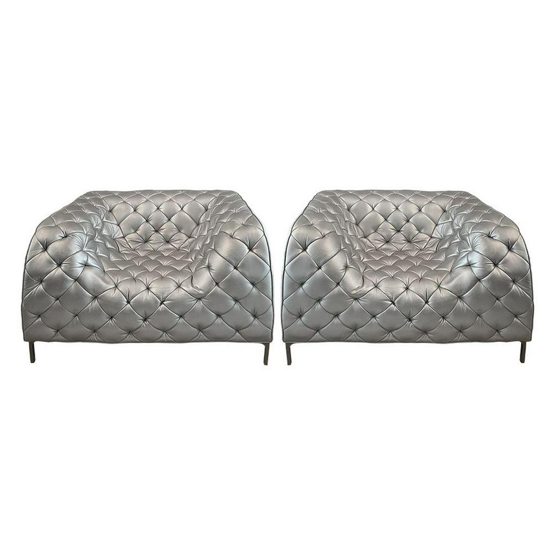 Pair of Italian Tufted Metallic Leather Sofa (1 of 8)