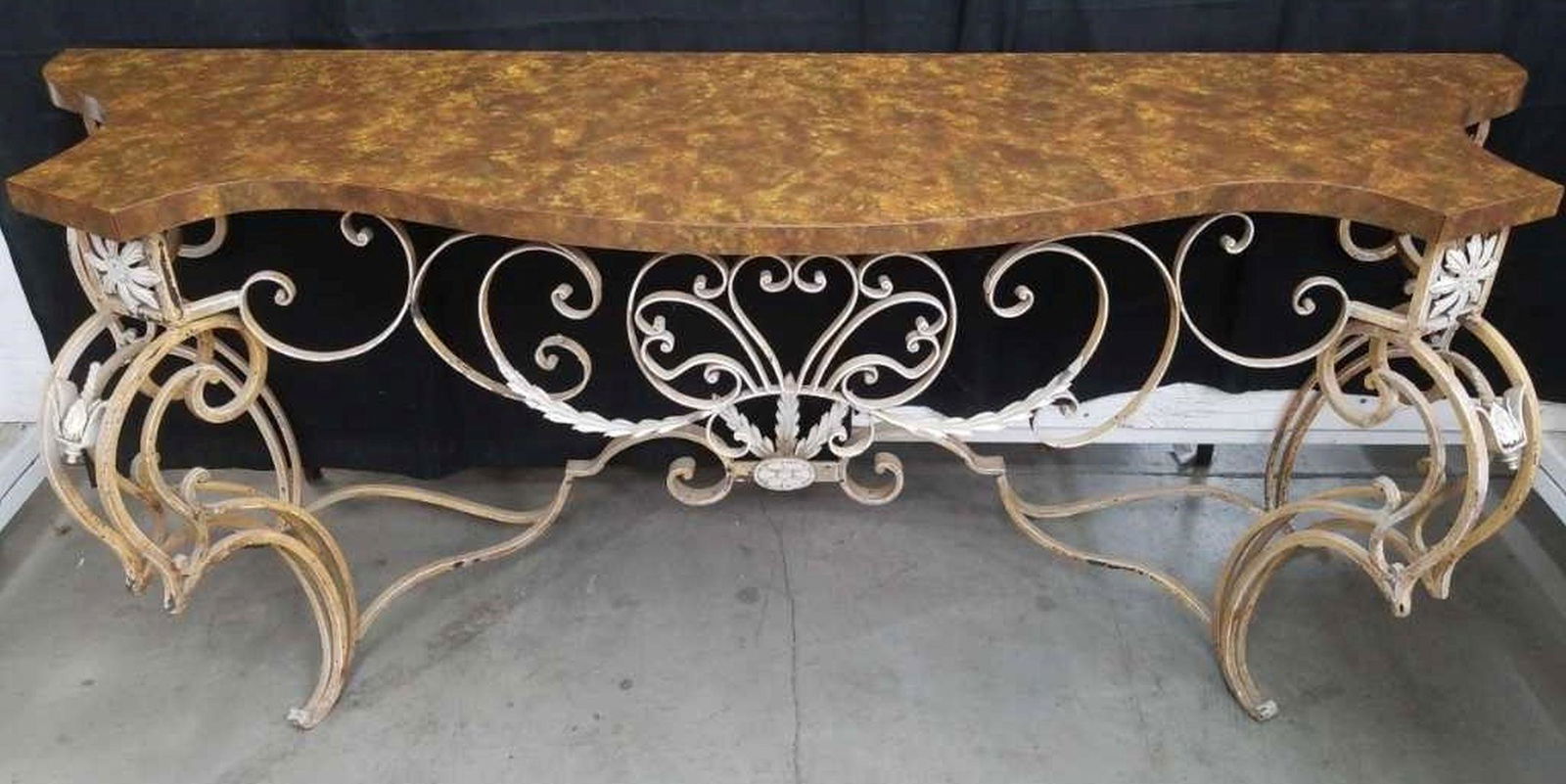 Wrought iron base Formica top console table Description (1 of 7)