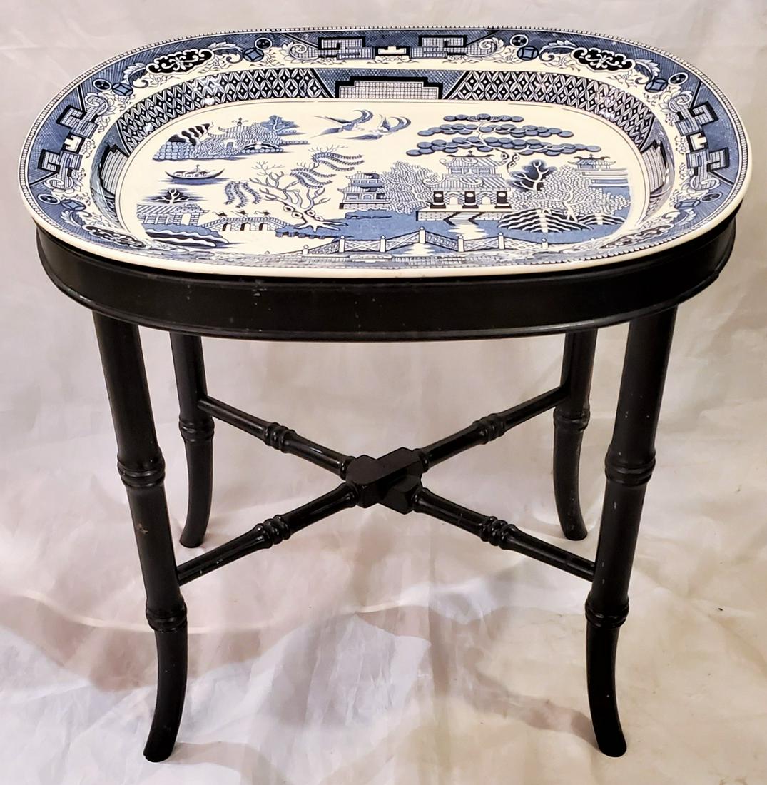 Blue Willow Platter with FauxBamboo Wooden Stand (1 of 7)