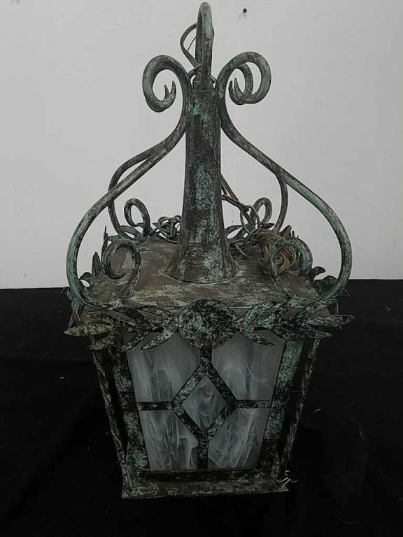 mid Century Metal and glass hanging lantern Light (1 of 4)