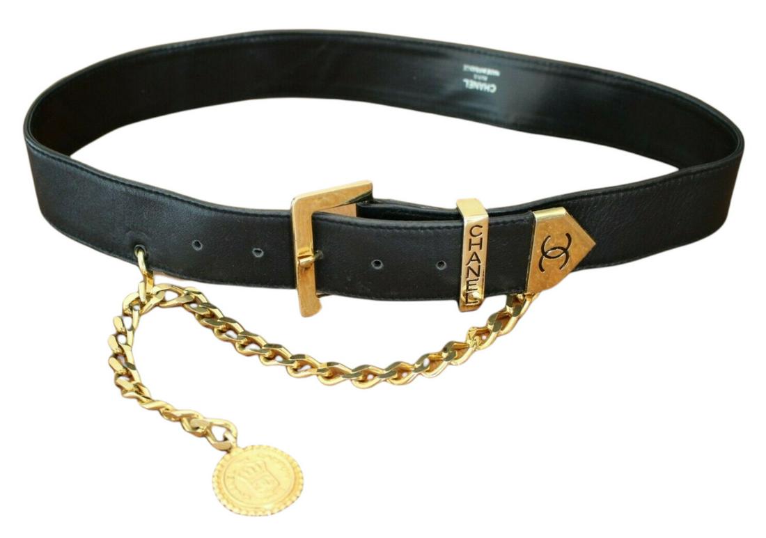 Auth Chanel Black Leather Medallion Chain belt (1 of 7)