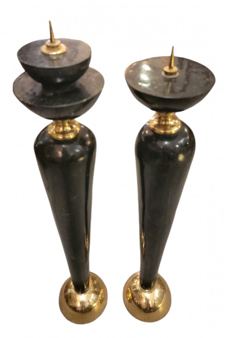 Pair of French 80s Tall Brass and Marble Candle Holders (1 of 5)