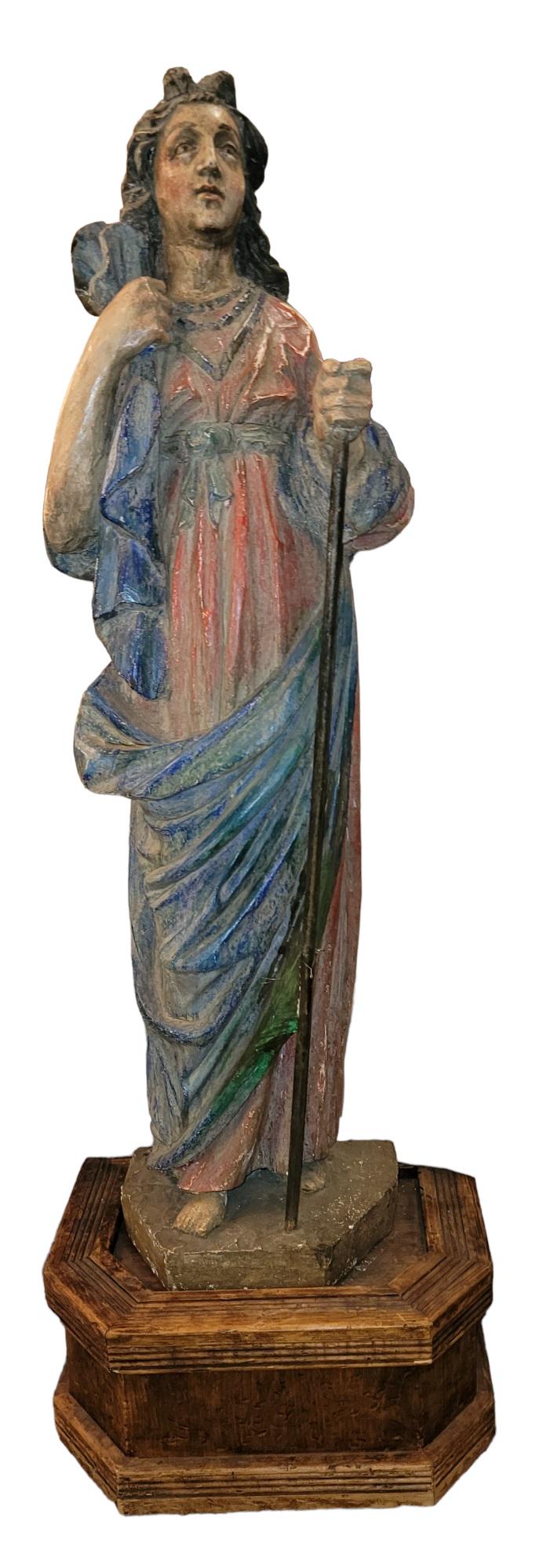Italian Antique Santo Baptiste Rare Sculpture w/stand: Italian Wood porcalane and metal hand made in original paint Antique Santo Baptiste Sculpture w/stand 65 high x 17 deep x 20 wide