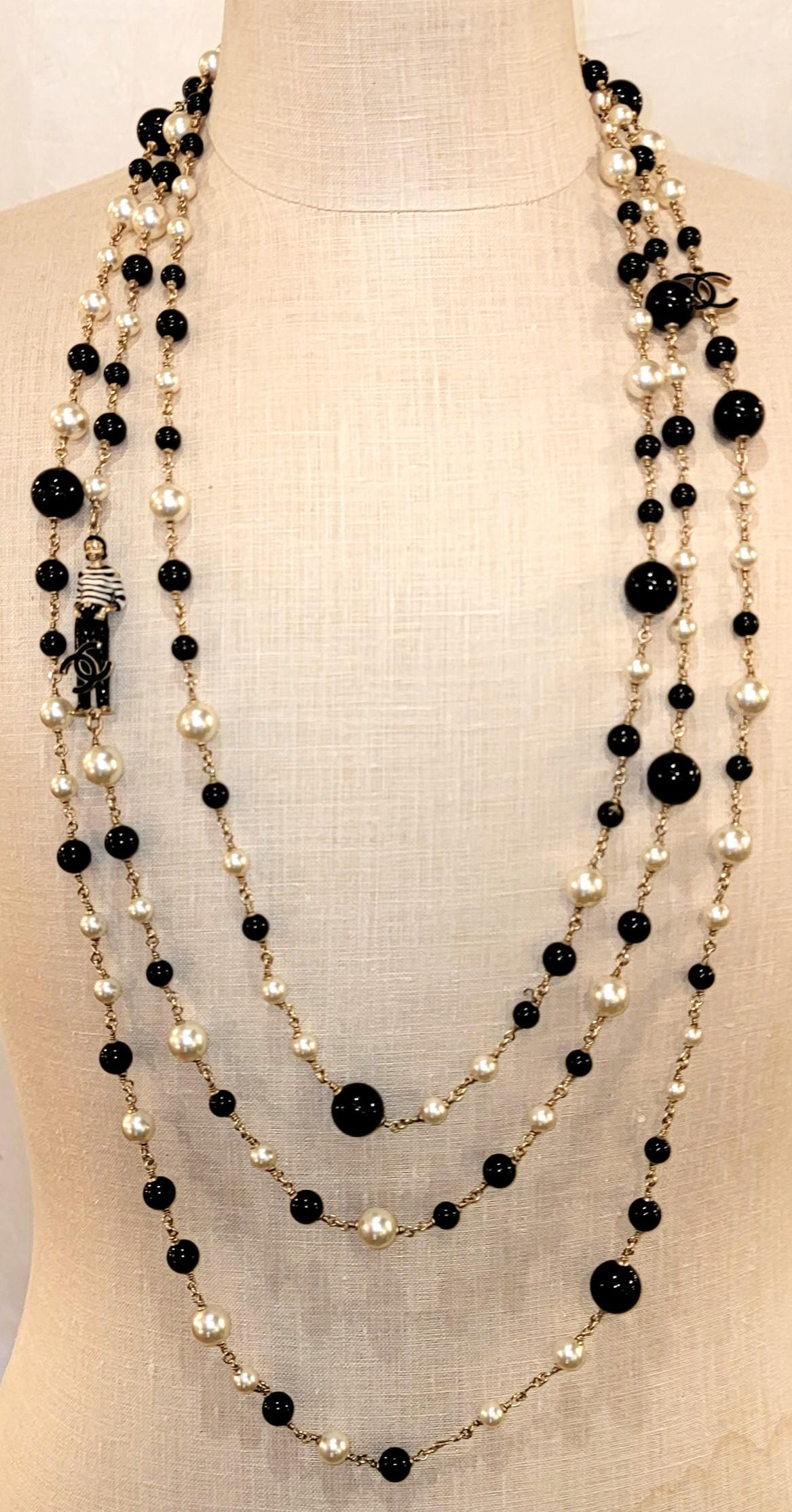 Classic Chanel 3 Tier Long Black and White Pearl Necklace (1 of 9)