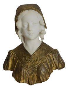 AFFORTUNATO GORY Italian Signed Marble Bust of A Lady: AFFORTUNATO GORY Italian active 1895 to 1925. A Signed gilt bronze and white marble bust of a Lady Signed to the back of the shoulder A. Gory. Measures approx 15.5h x 13w x 9d