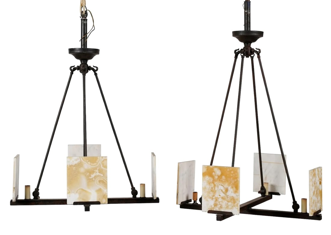 Pair of Modern Metal Chandeliers With Onyx Plates: Four lights Metal Chandeliers with Cross sectioned lighting. The Arms are made from a painted metal. The stone on the arms is Onyx Stone as plates to reflect and spread the light.Provenance: Property