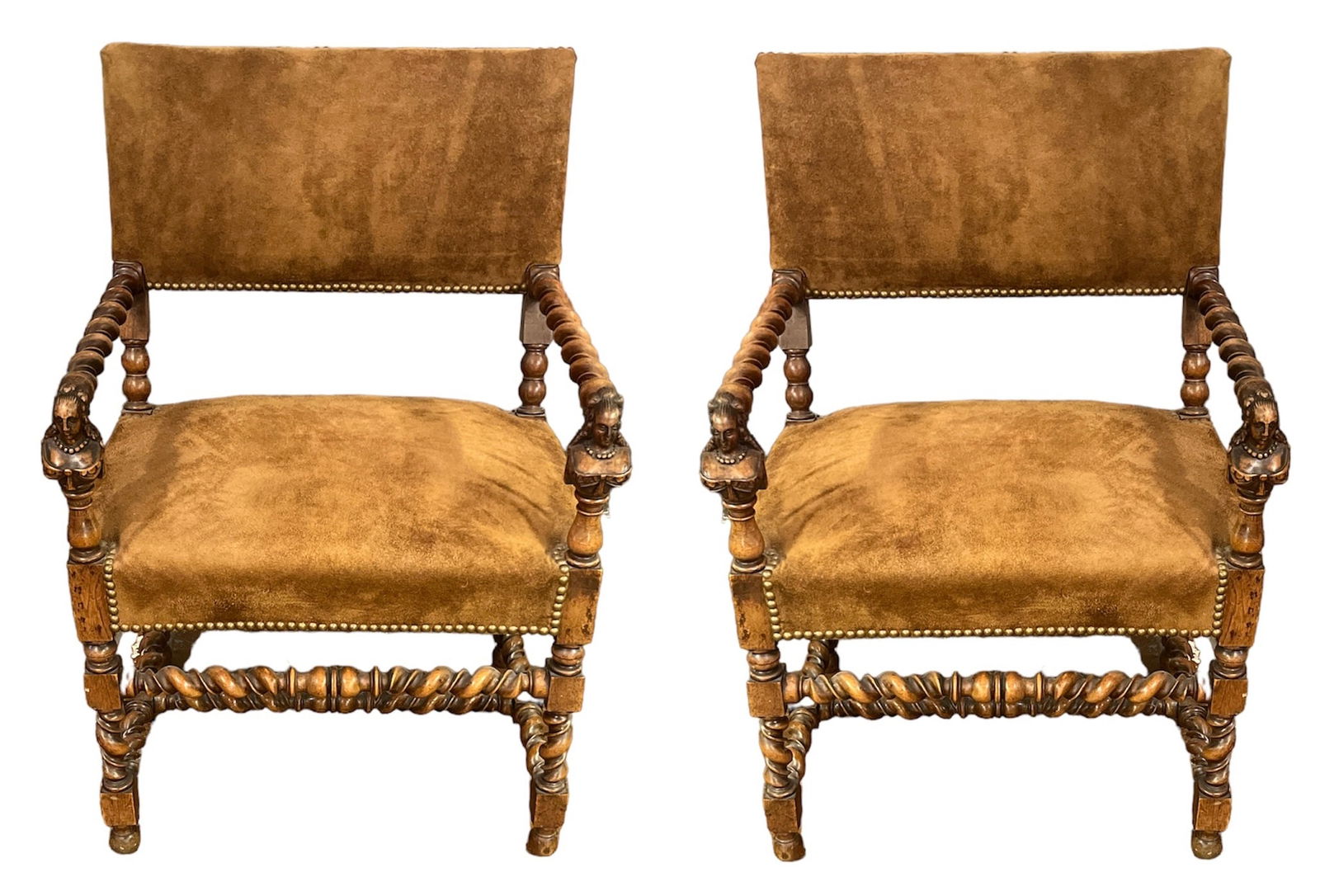 Pair of E. 19thc English Hand Carved Barley Twist And Suede Arm Chairs: Pair of E. 19thc English Hand Carved Barley Twist And Suede Arm Chairs. The arms are carved with a figure of a woman in front. The Arms and legs have the twist carving to them. The leather is in great