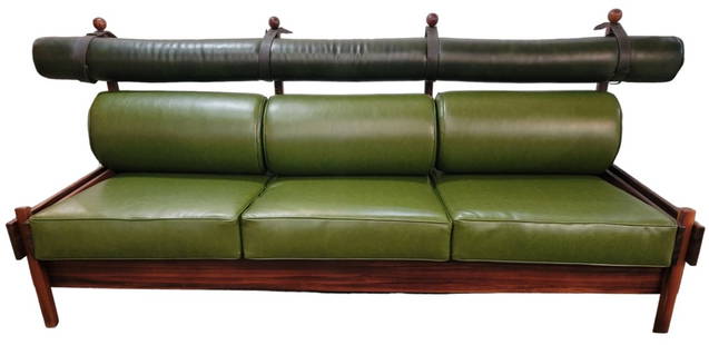 Sergio Rodrigues 60s Brazilian Rosewood Tonico Sofa: Sergio Rodriguez 60s Brazilian Rosewood Tonico Sofa, adjustable headrest that extends past the full length of the sofa at 94.5 inches being held up by leather buckles. This leather is a darker green l