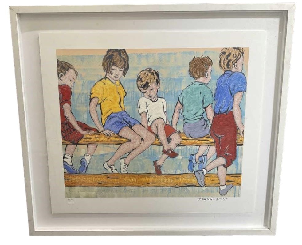 Mid century Framed David Bromley Lithograph: Mid century David Bromley lithograph of children sitting and enjoying their a moment in time. This piece issigned and numbered . This piece is 57/60. In great condition.Meaures approx -42.5 wide x 38