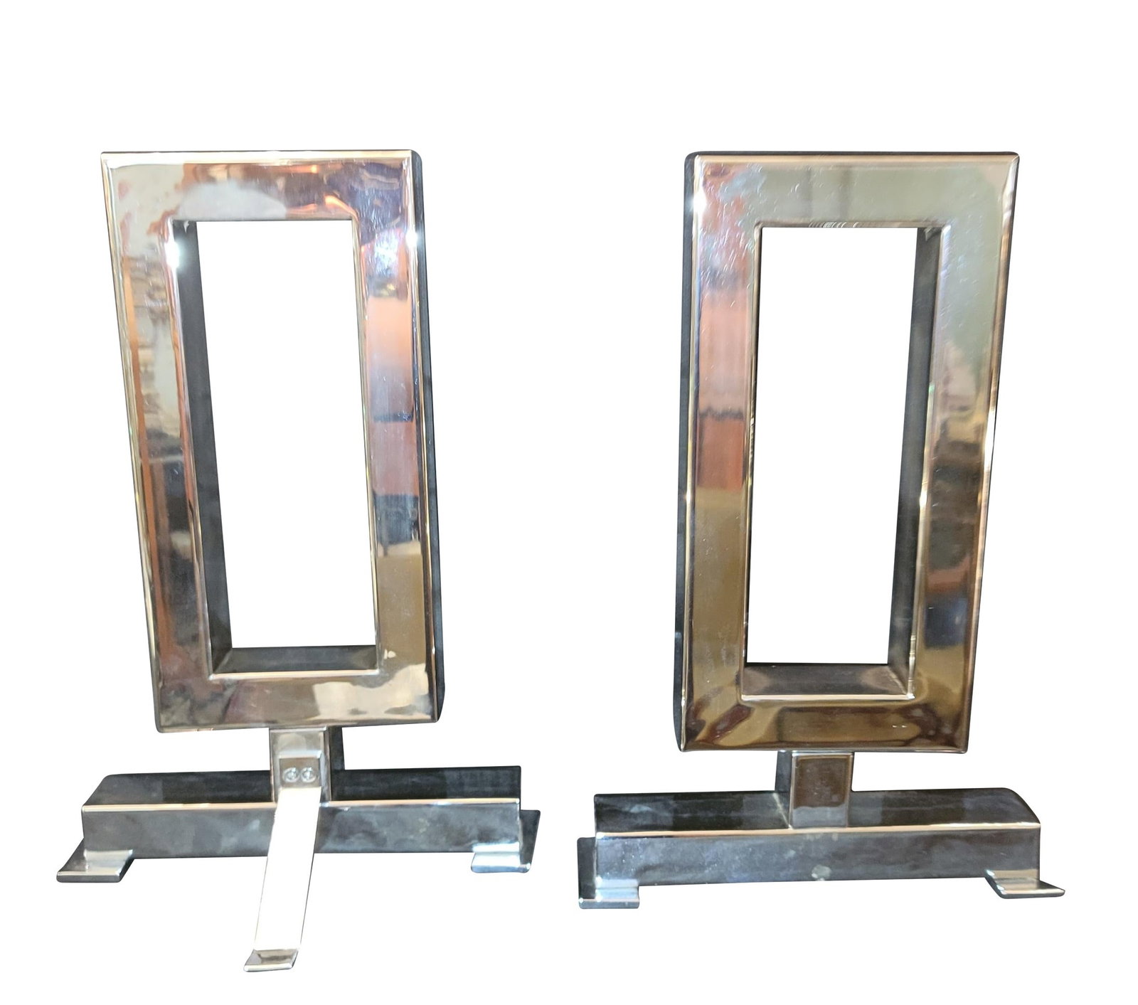 Contemporary Modern Italian Chrome Andirons: Contemporary Modern Italian Chrome Andirons approx - 12"w. x 6"d. x18"h.