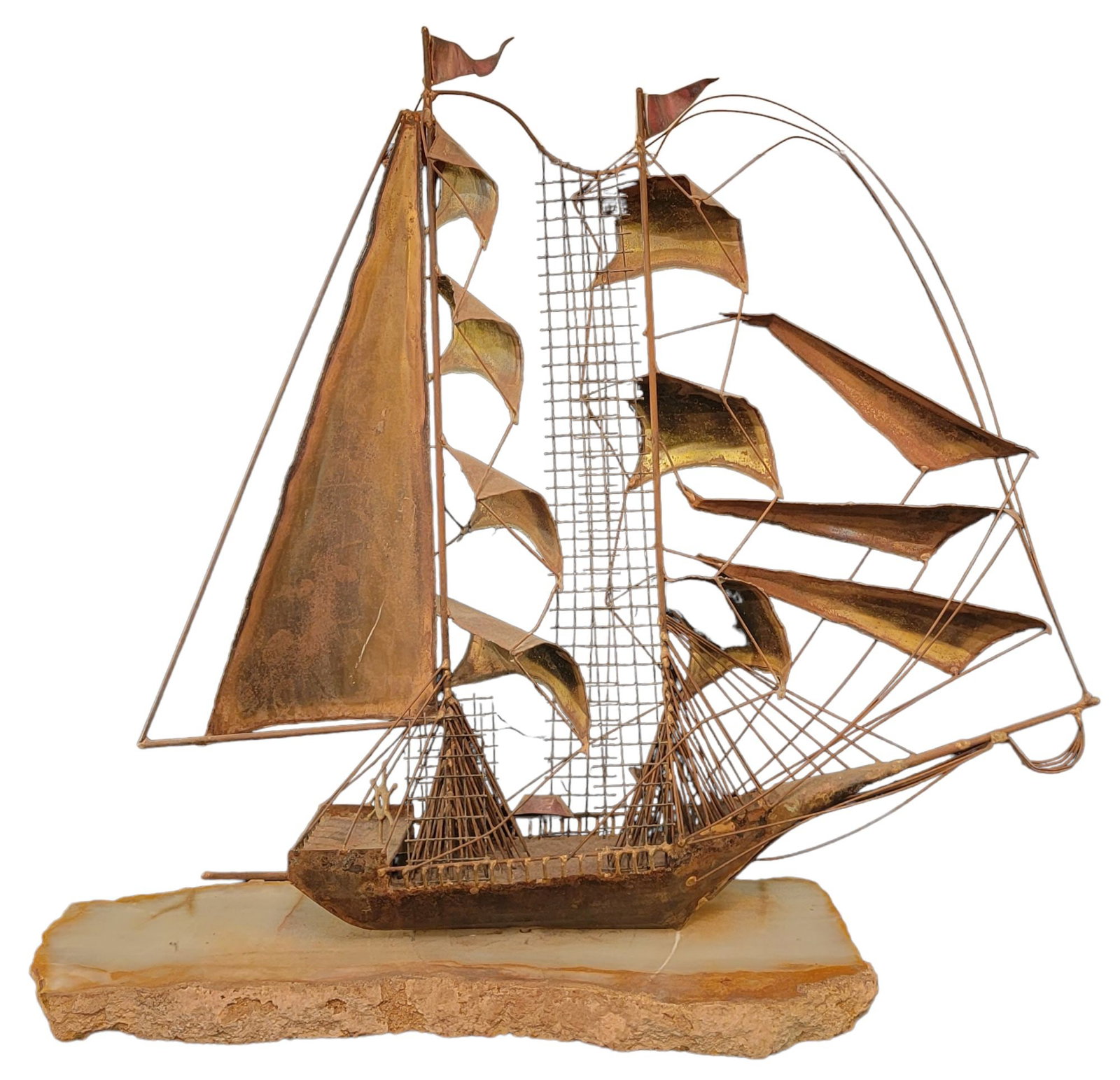 Mid Century Brutalist Brass And Onyx Ship Sculpture: Mid Century Brutalist Brass And Onyx Ship Sculpture. Measures approximatley - 28 wide x 25 high x 8 deep