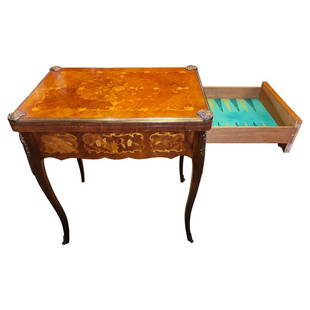 Antique Walnut French Backgammon Game Table: Antique Walnut French Backgammon Game Table with ormolu mounts, slide-out felt-lined backgammon board, reverse top for card games. Circa 1920s 30h x 29L x 21w on floor.