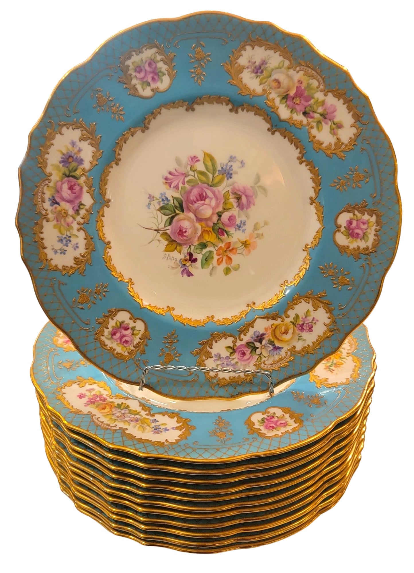 Tiffany & C. New York English Couldon Blue and Gold Dinner Plates: Tiffany & C. New York English Couldon Blue and Gold Dinner Plates measures approx 10.5diameter x .5 high