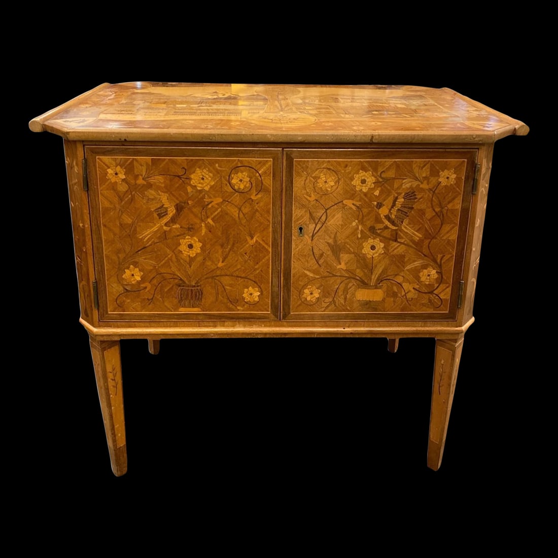 1970's Marque Style Inlay Design, Village Scene, Bedside Table With Drawers (1 of 9)