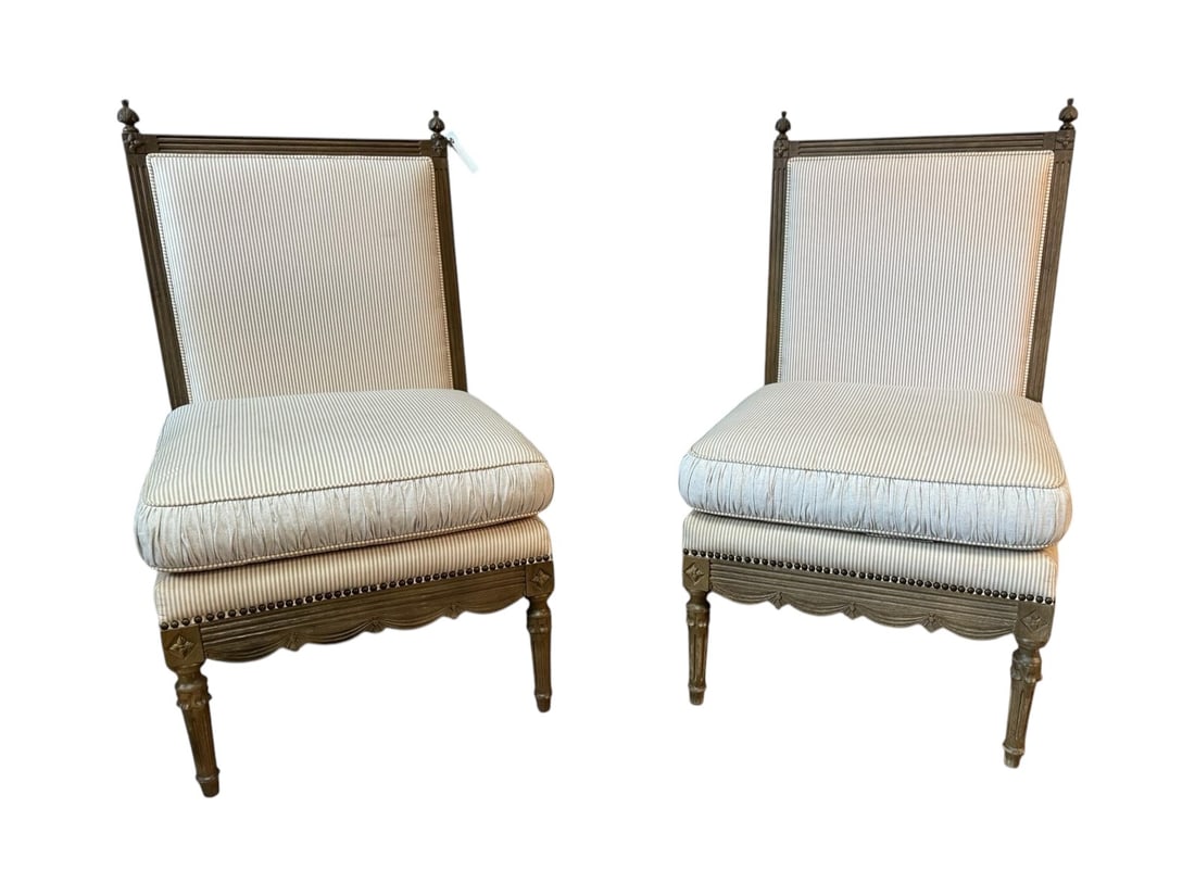 Pair of French Louis Style Side Chairs: Bring classic sophistication and timeless charm to your home with this Pair of French Louis Style Side Chairs. W28 x D27 x H46
