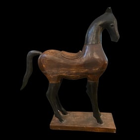 1980s Cottage Core Handcrafted Wood and Metal Standing Horse on Wood Stand