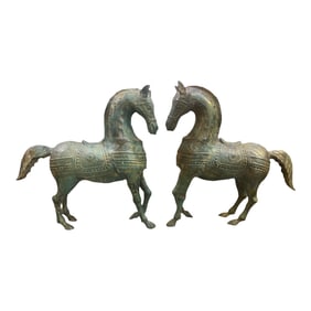 Pair of Early 20th C. Chinese Metal Teal Patina Horse