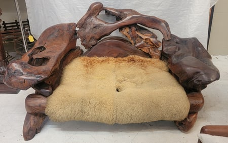 Vintage Free Form Slab Redwood settee  Sheep Skin