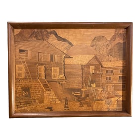 1970s Inlaid Farm Scene Framed Wall Art