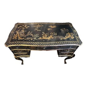 1940's Chinoiserie Hand Painted Black and Gold Desk