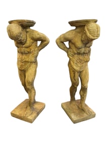 Pair of 1920s Green Cast Stone Hercules Figural Statues