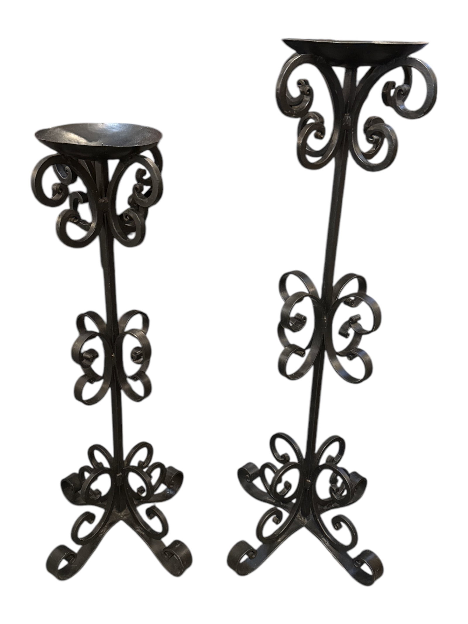 Pair of Tall Wrought Iron Curley Floor Candle Sticks: Add a touch of timeless elegance to your home with this Pair of Tall Wrought Iron Curly Floor Candle Holders. Measurements: W8.5 x D8.5 x H37 W8 x D8 x H32