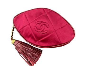 Auth CC Chanel Silk Satin And Leather Clutch Bag