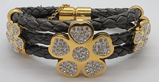 Italian 24kPlt Over  Swarovski Crystals Triple Band Leather Bracelet