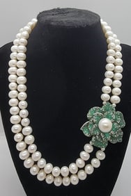 Italian Pearl Necklace W/Swarovski Sterling Flower