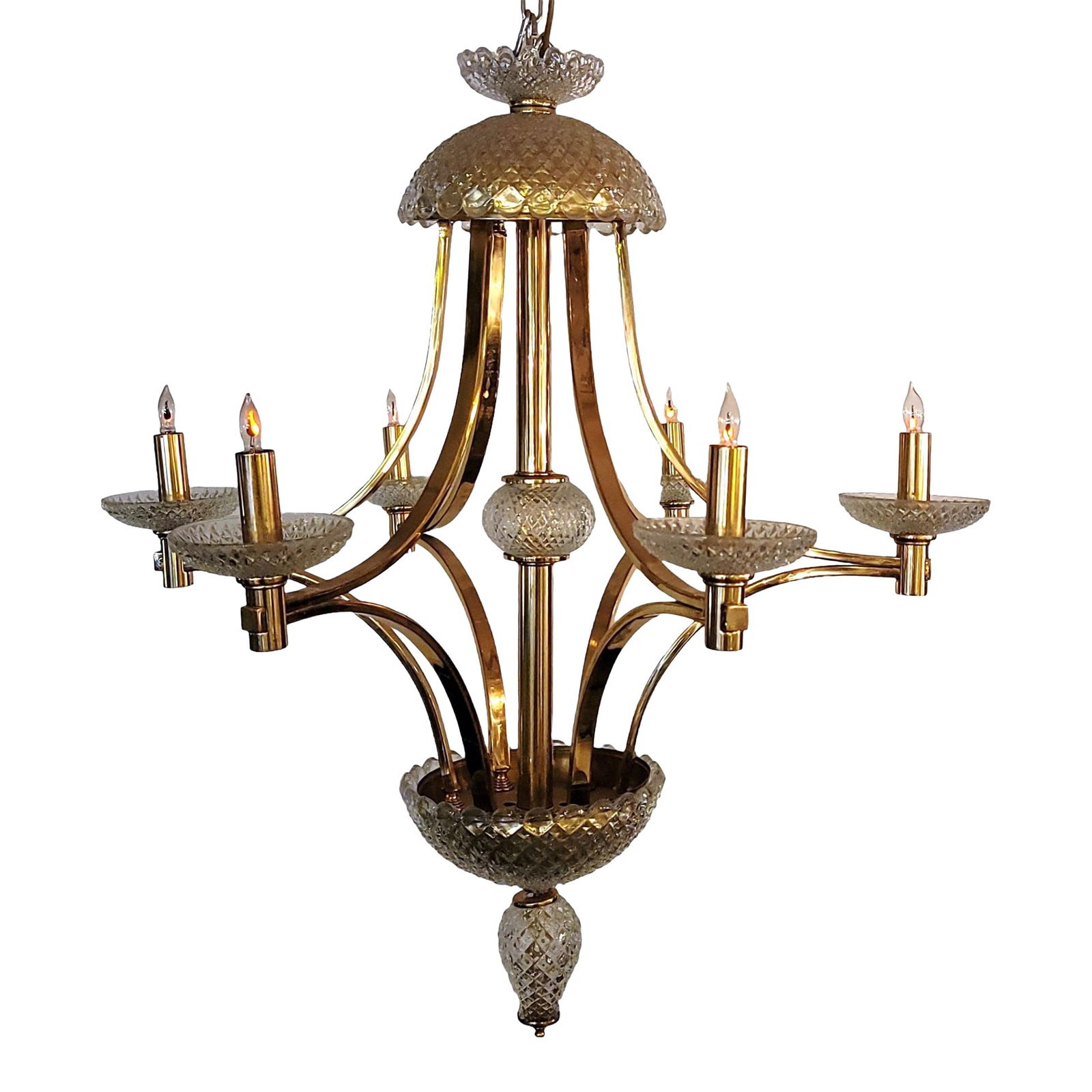 Late 20th Century Modern Style Brass Handcut Crystal Six-Light Chandelier: Modern design brass arm with hand cut crystal six-light chandelier with center crystal ball design. W36 x D36 x H36