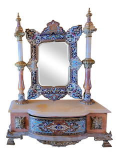 19thc Champleve French Onyx Vanity Mirror: 19thc Champleve French onyx Vanity Mirror with beveled glass6.5 deep x 19.5 high x 14.5 wide