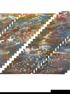 1952 Antoine Alarie Signed Painting With Gold Leaves: This exquisite 1952 Antoine Alarie hand-painted artwork is a timeless blend of classic artistry and opulent elegance. W20 x D1 x H38