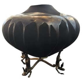 80s Contemporary Ceamic Vase on Aluminum Stand