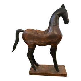 1980s Cottage Core Handcrafted Wood and Metal Standing Horse on Wood Stand