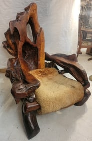 Vintage Free Form Slab Redwood Lounge Chair Sheep Skin
