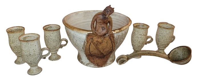 Mid Century Punch Bowl with Ladel And Five Cups