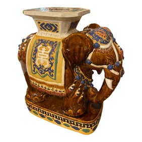 Vintage 1960s Hollywood Regency Hand Painted Terracotta Elephant Plant Stand