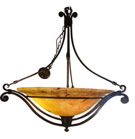 Vintage Wrought Iron Pendant Light Frame with Fiber Glass Bowl