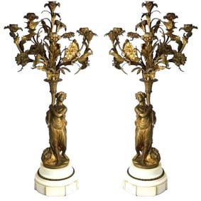 Early 19thc Antique French Bronze Candelabras With Marble Base